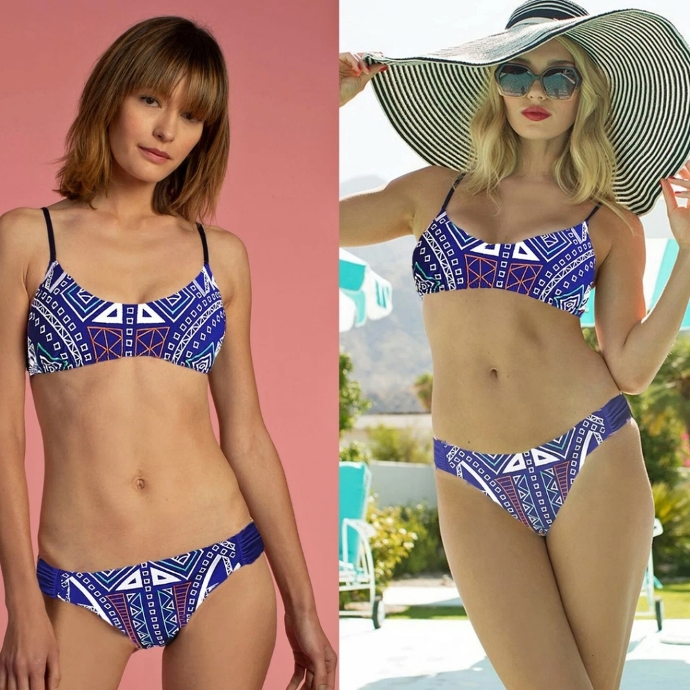 Trina Turk Jakarta Bikini Bottom Indigo Embroidered Hipster Shirred Side 4 NWT